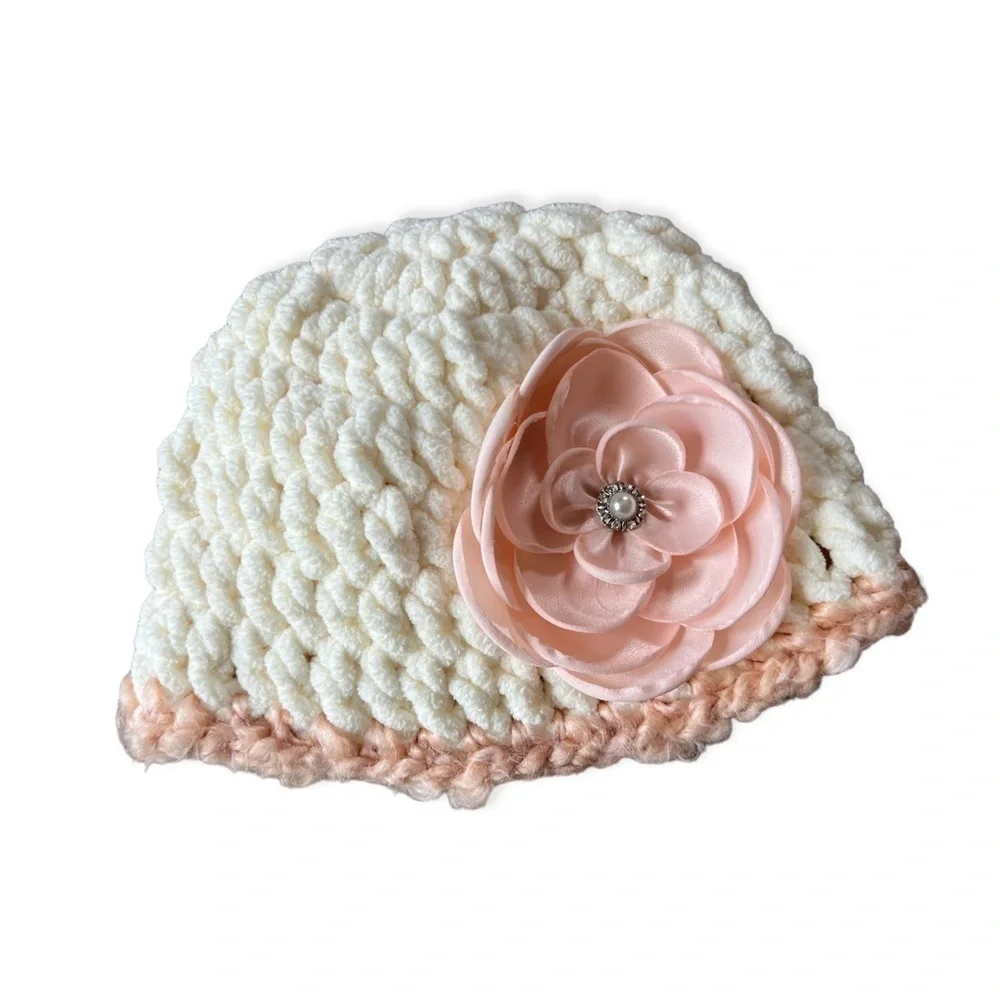 Infant Baby Hand Knit Crochet Soft Flower Pink & White Hat, 3-6Mo